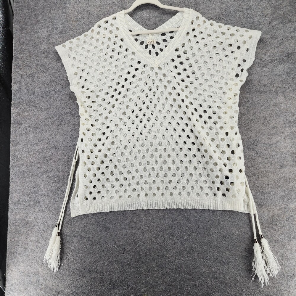 POL Sweater Womens Medium Sheer Short Sleeve White V Neck Tassels